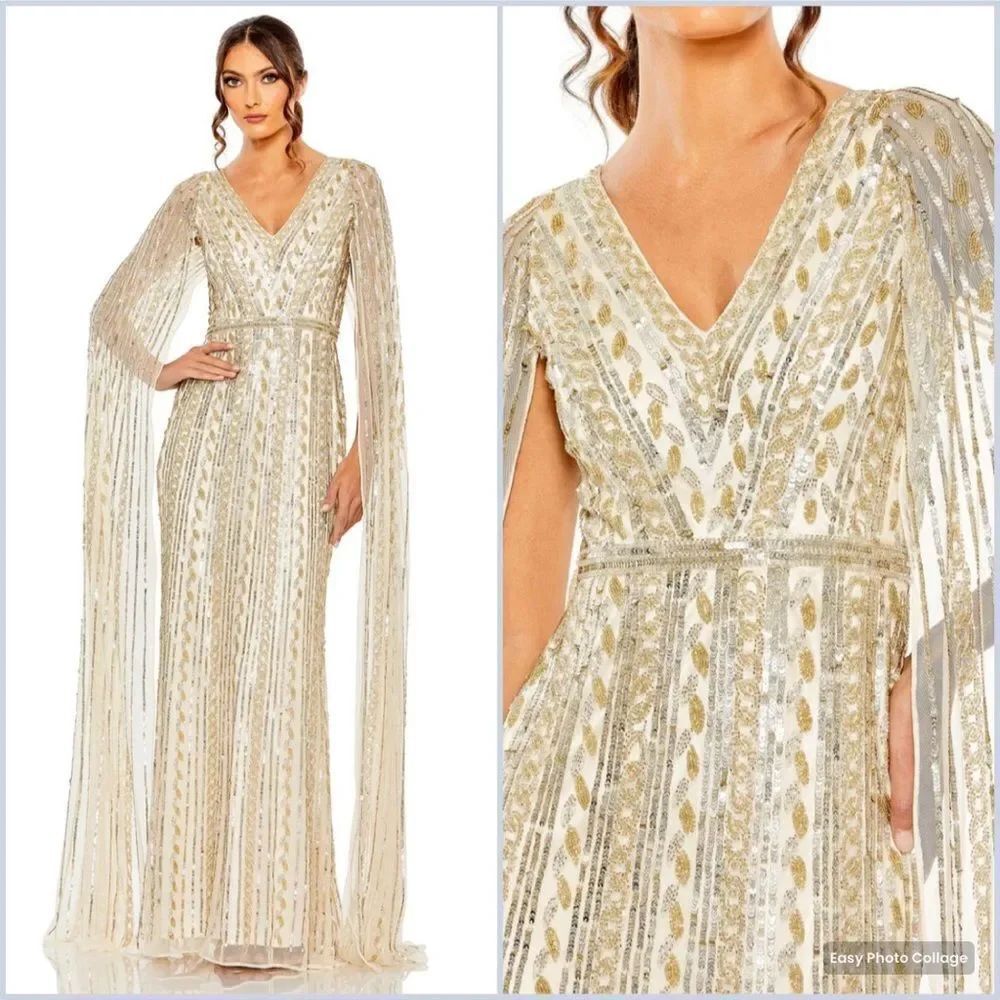 NWT Mac Duggal 5915 SEQUINED V-NECK GOWN Dress WITH CAPE SLEEVES Nude Silver 8